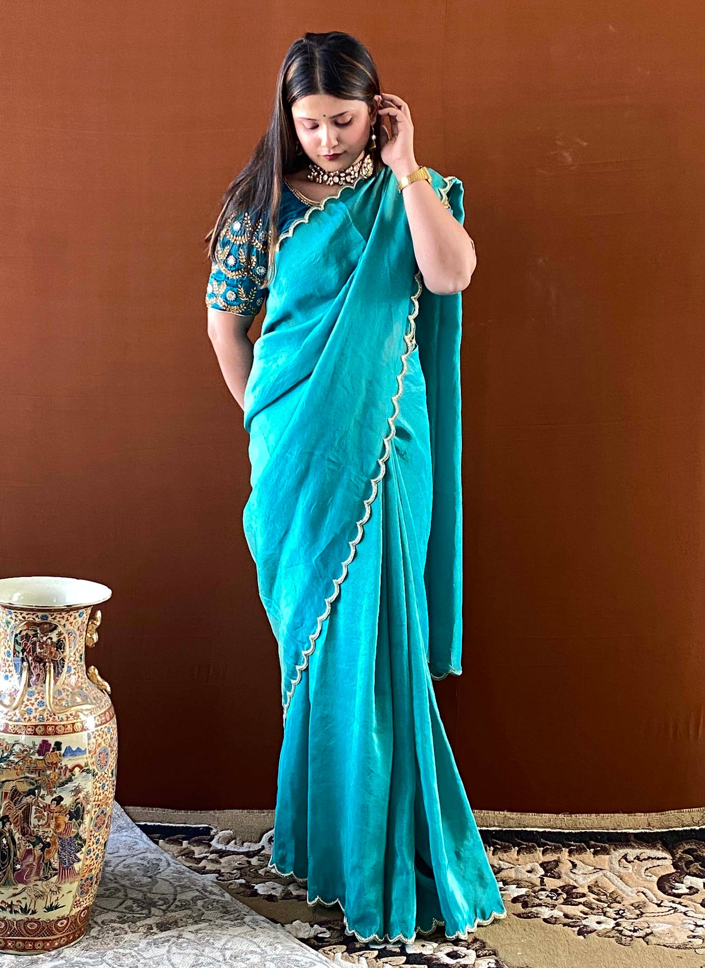 Shubhaantar - Green Banarasi Tissue Scallop Handwork Saree