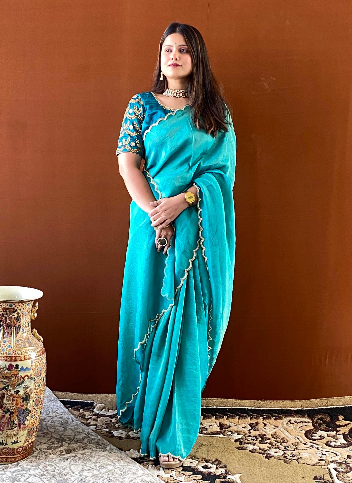 Shubhaantar - Green Banarasi Tissue Scallop Handwork Saree