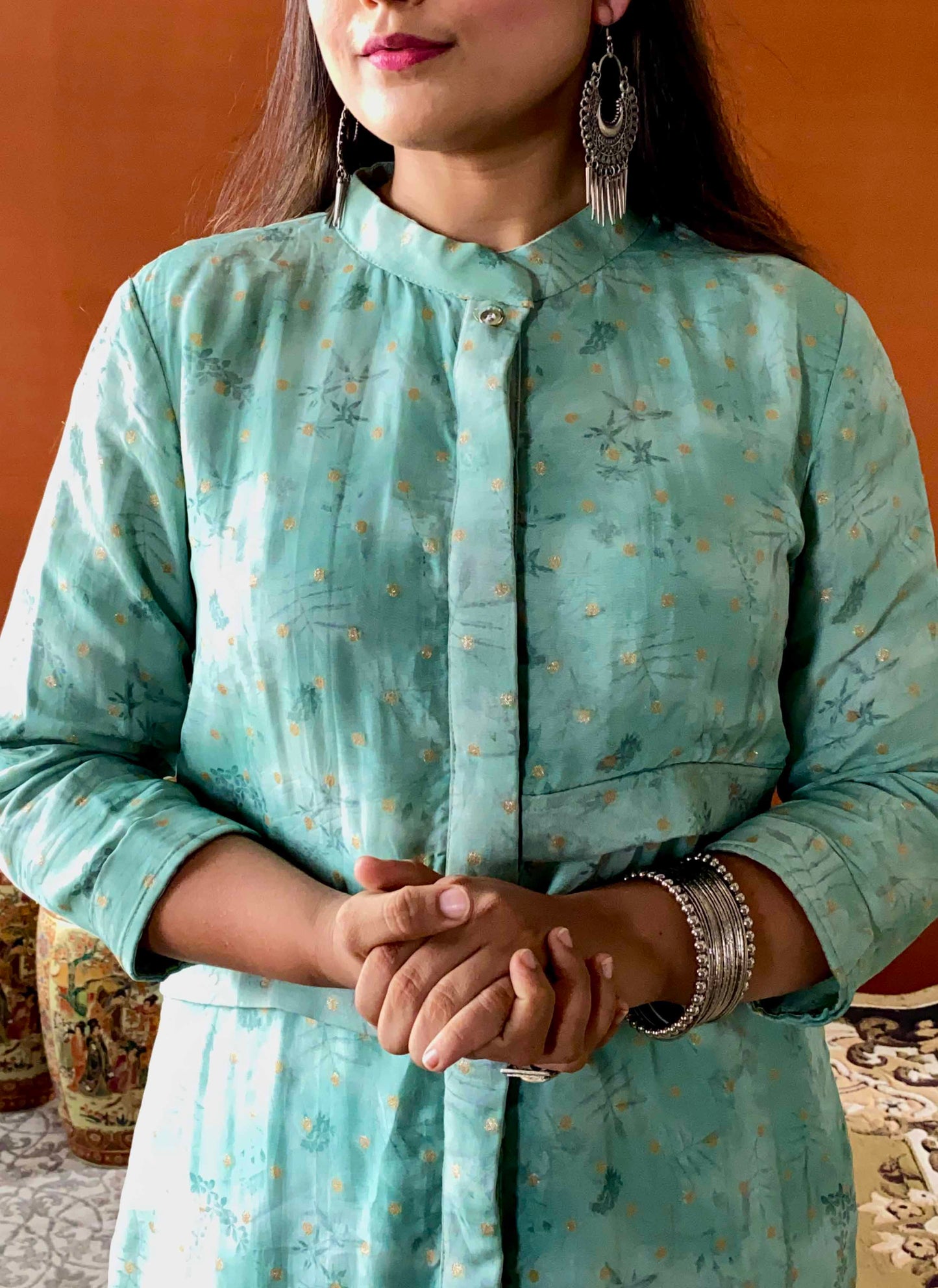 Ruh - Green Organza Shirt Style Kurti and Palazzo Set