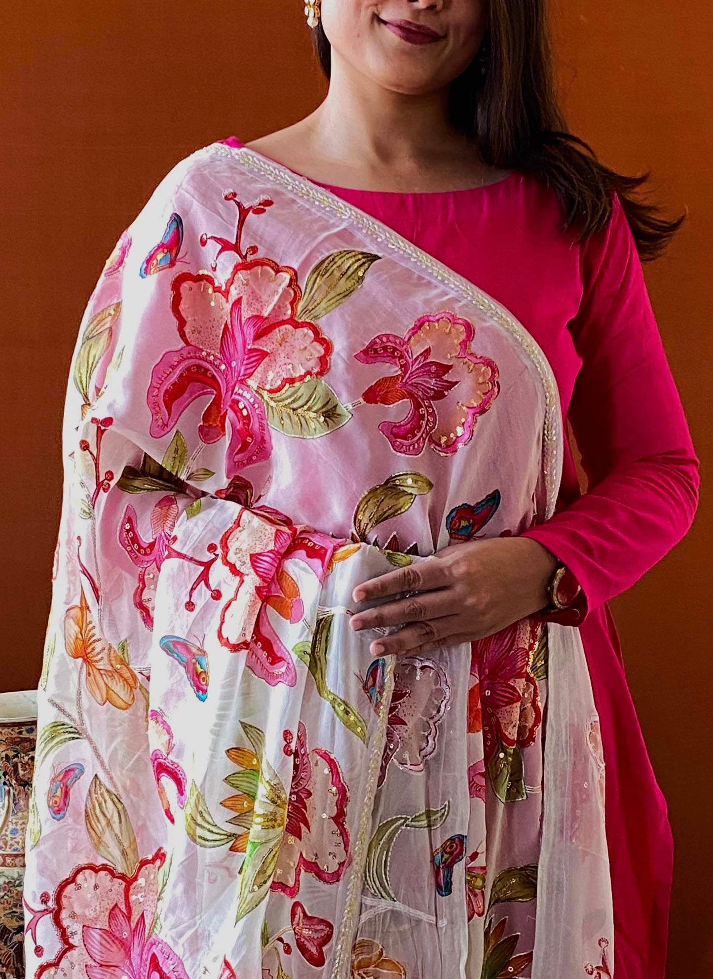Husn - Pink Cotton Silk Kurti Set with Floral Dupatta