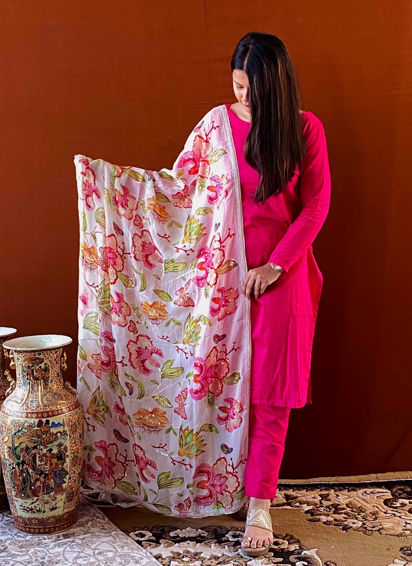 Husn - Pink Cotton Silk Kurti Set with Floral Dupatta