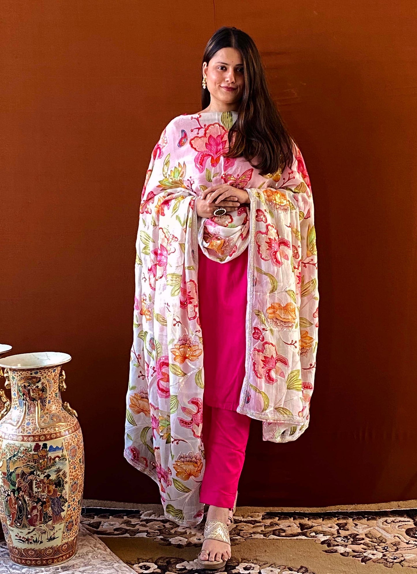 Husn - Pink Cotton Silk Kurti Set with Floral Dupatta