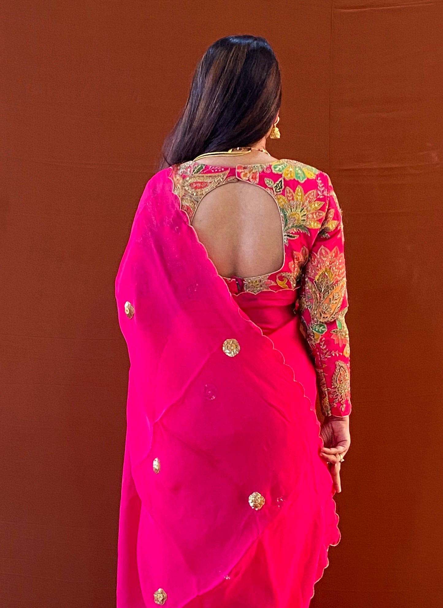 Husn - Pink Handwork Viscose Organza Saree with Floral Blouse