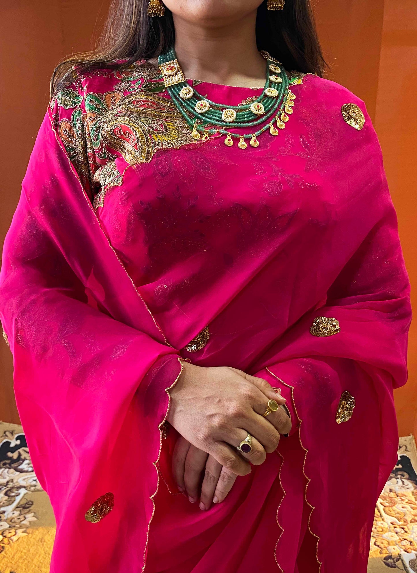 Husn - Pink Handwork Viscose Organza Saree with Floral Blouse