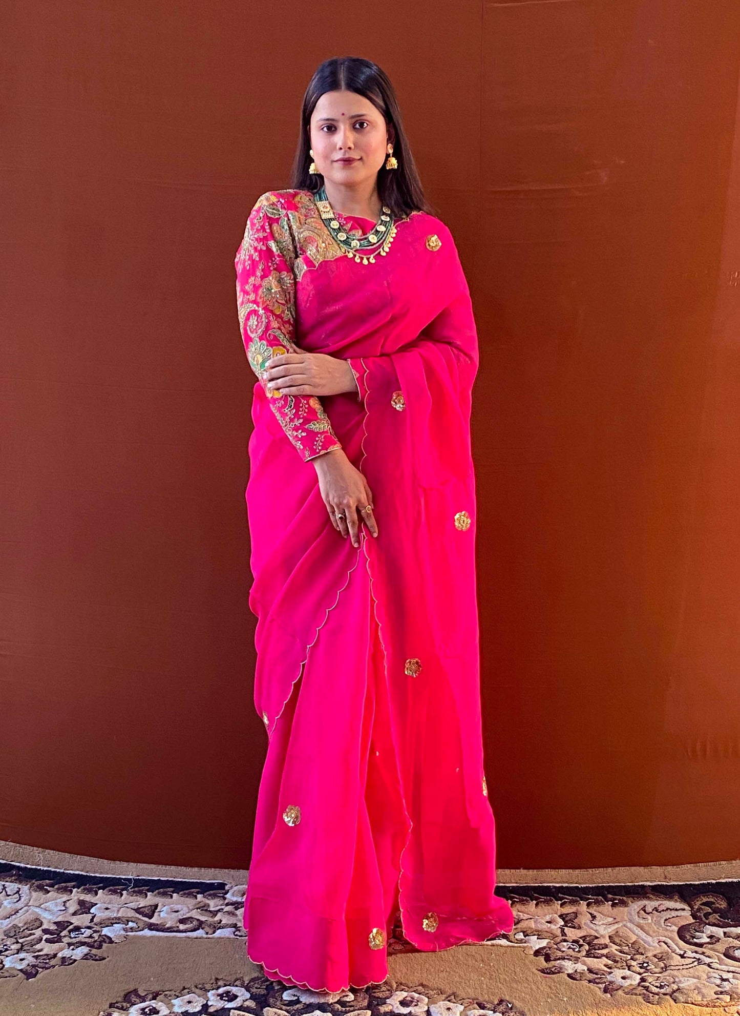 Husn - Pink Handwork Viscose Organza Saree with Floral Blouse