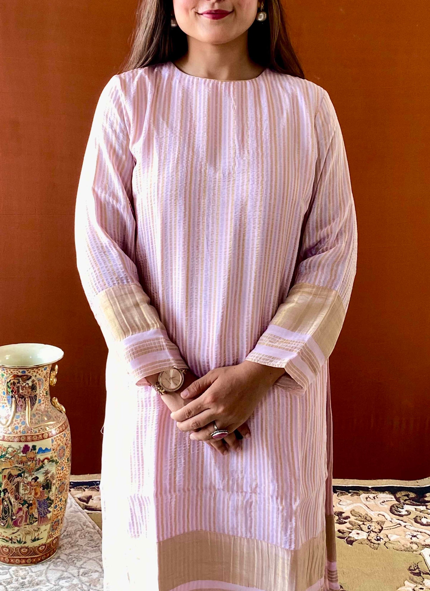 Ruh - Pink Striped Tissue Boat Neck Woven Kurta and Pant Set