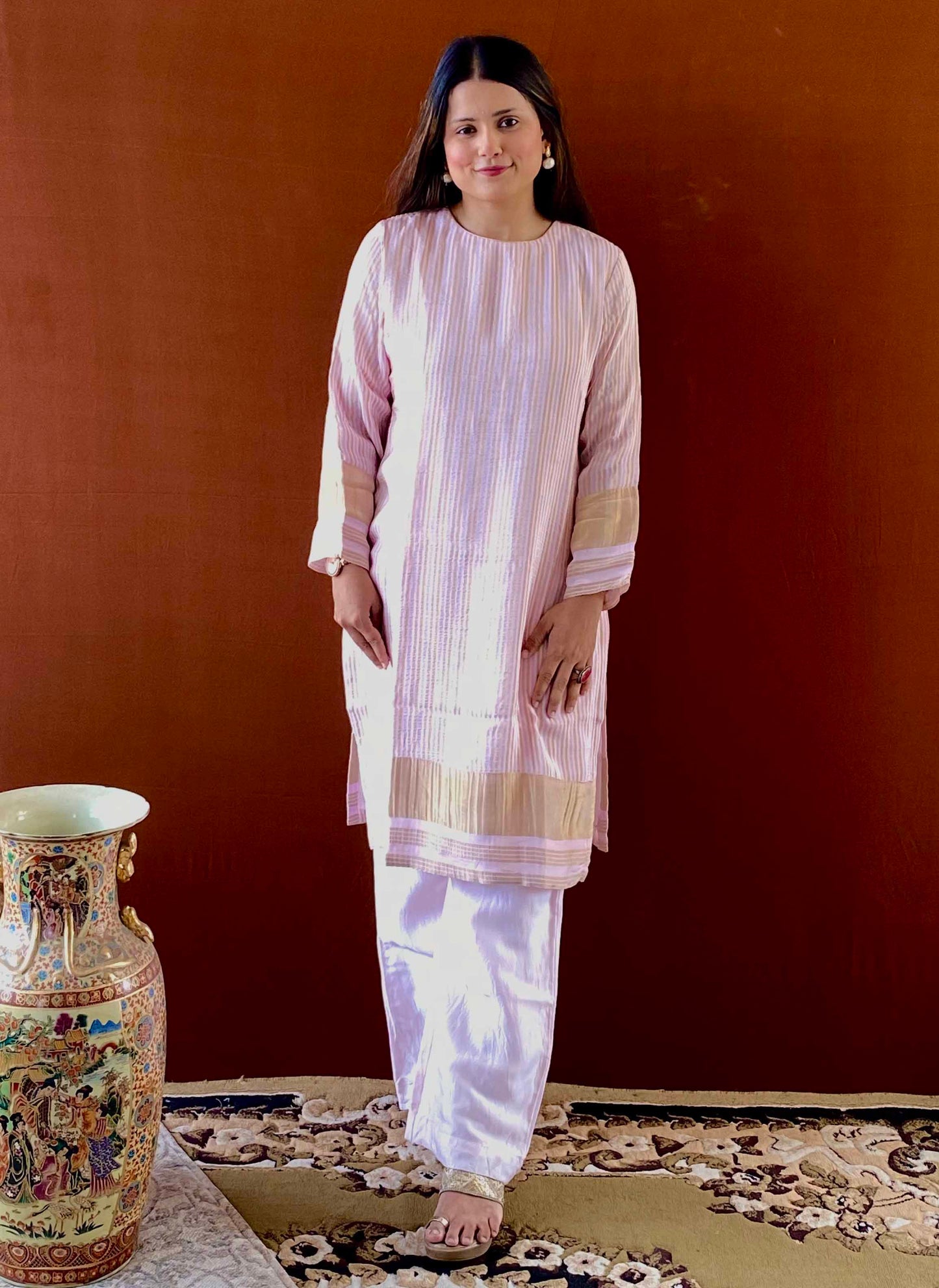 Ruh - Pink Striped Tissue Boat Neck Woven Kurta and Pant Set