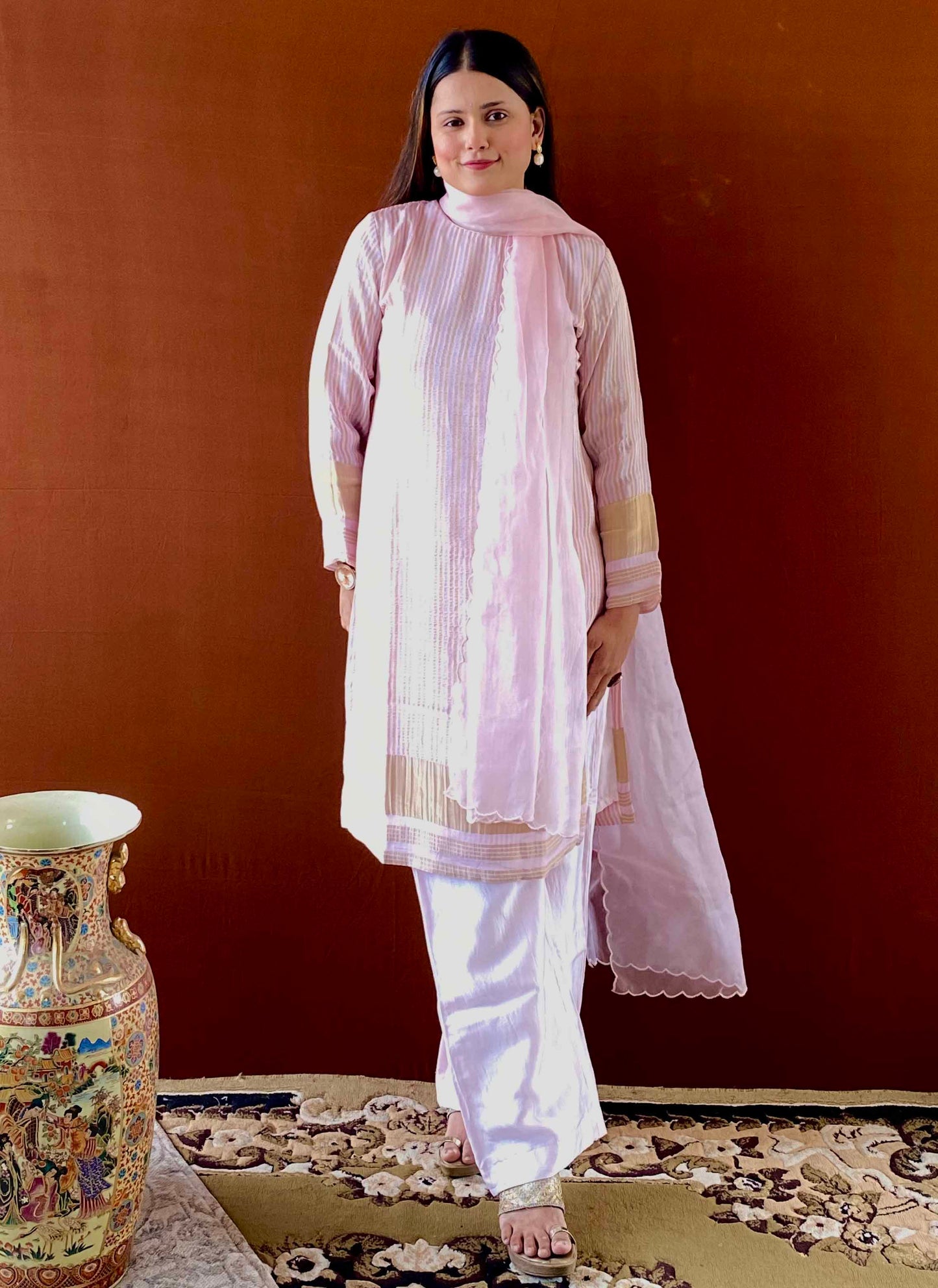 Ruh - Pink Striped Tissue Boat Neck Woven Kurta and Pant Set