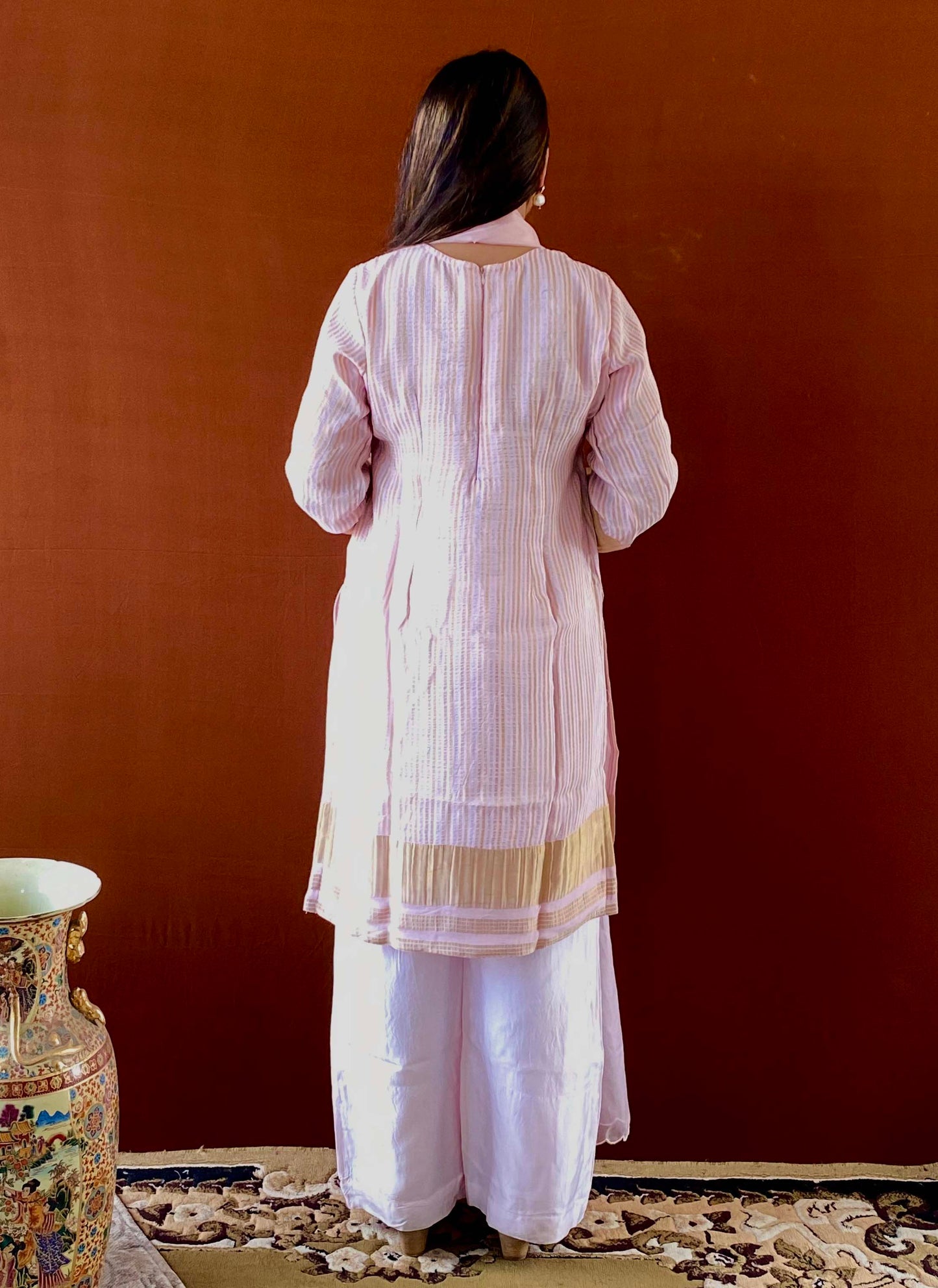 Ruh - Pink Striped Tissue Boat Neck Woven Kurta and Pant Set