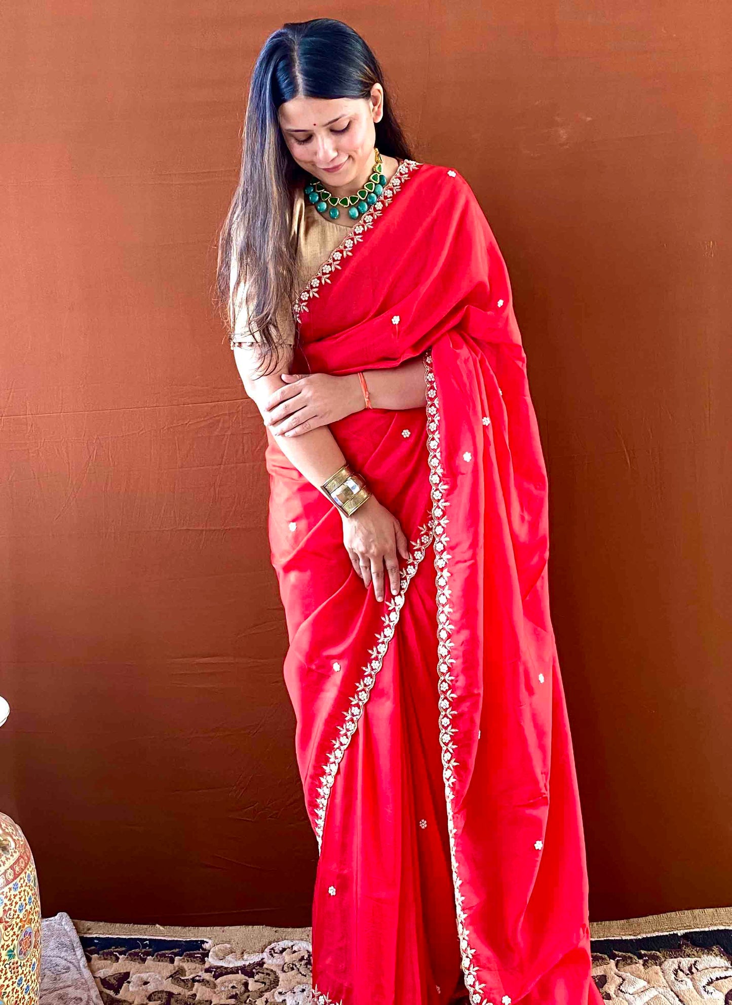 Riwaayat ~ Red Upada Silk Hand Embroidered Saree with Blouse – Designer Ethnic Saree