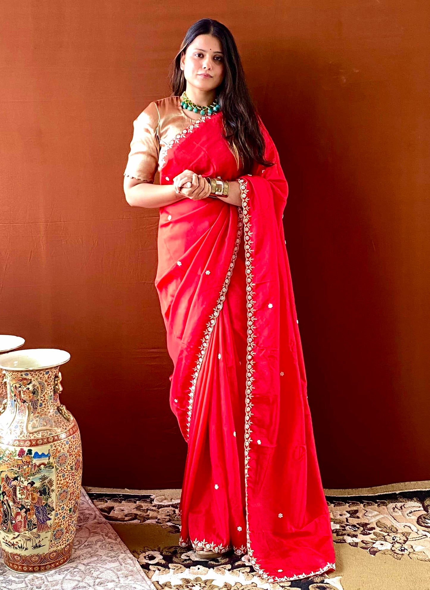 Riwaayat ~ Red Upada Silk Hand Embroidered Saree with Blouse – Designer Ethnic Saree