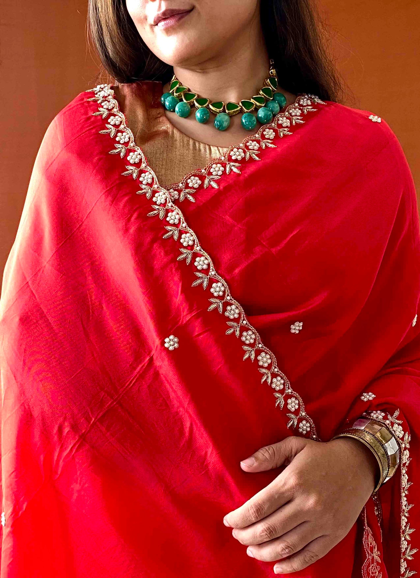 Riwaayat ~ Red Upada Silk Hand Embroidered Saree with Blouse – Designer Ethnic Saree