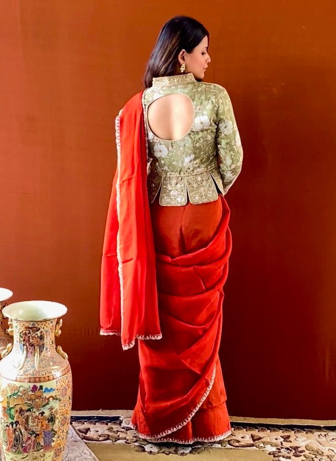 Ruh - Rust Brown Georgette Organza Saree with Green Floral Unstitched Blouse