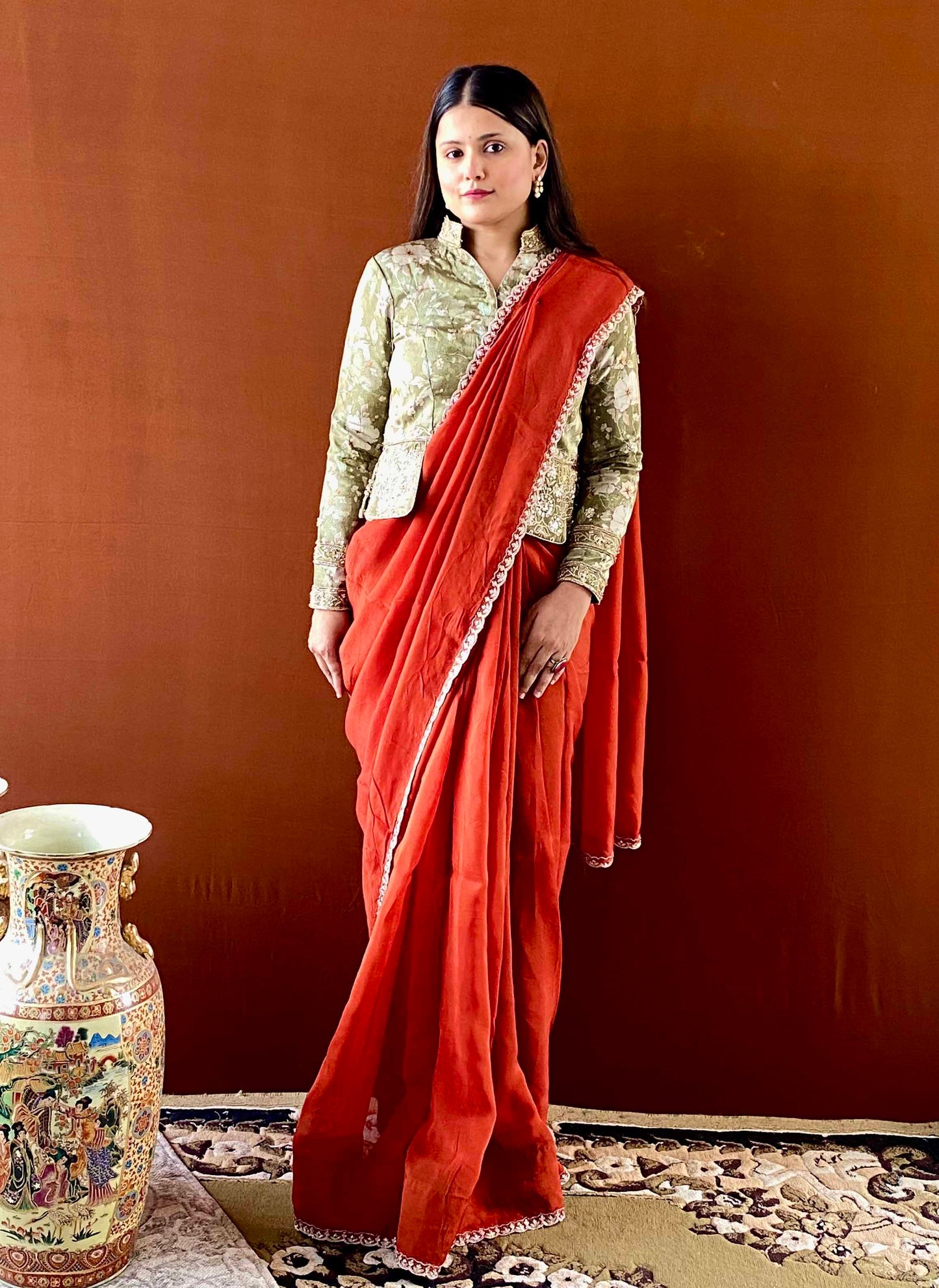 Ruh - Rust Brown Georgette Organza Saree with Green Floral Unstitched Blouse