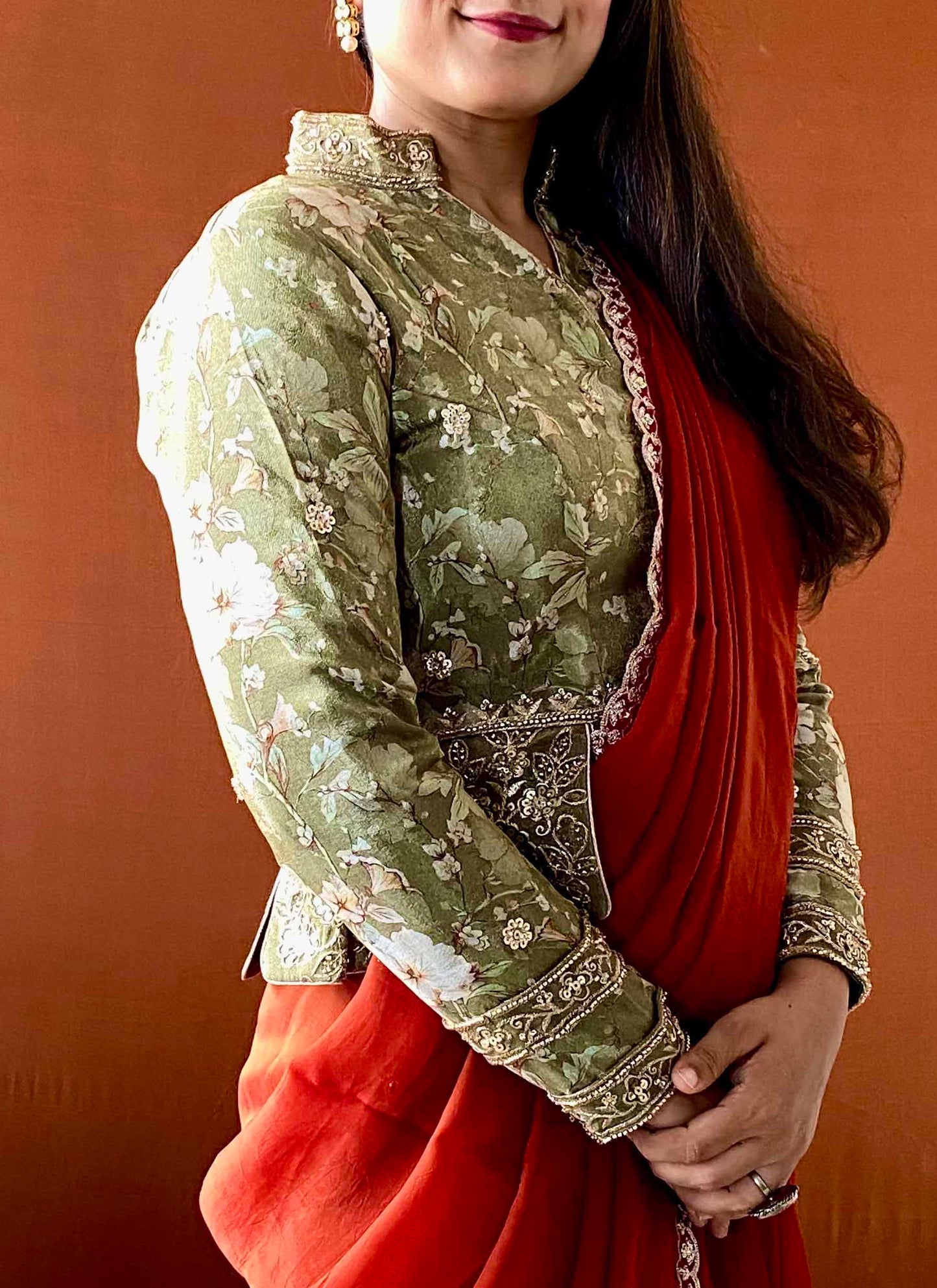 Ruh - Rust Brown Georgette Organza Saree with Green Floral Unstitched Blouse