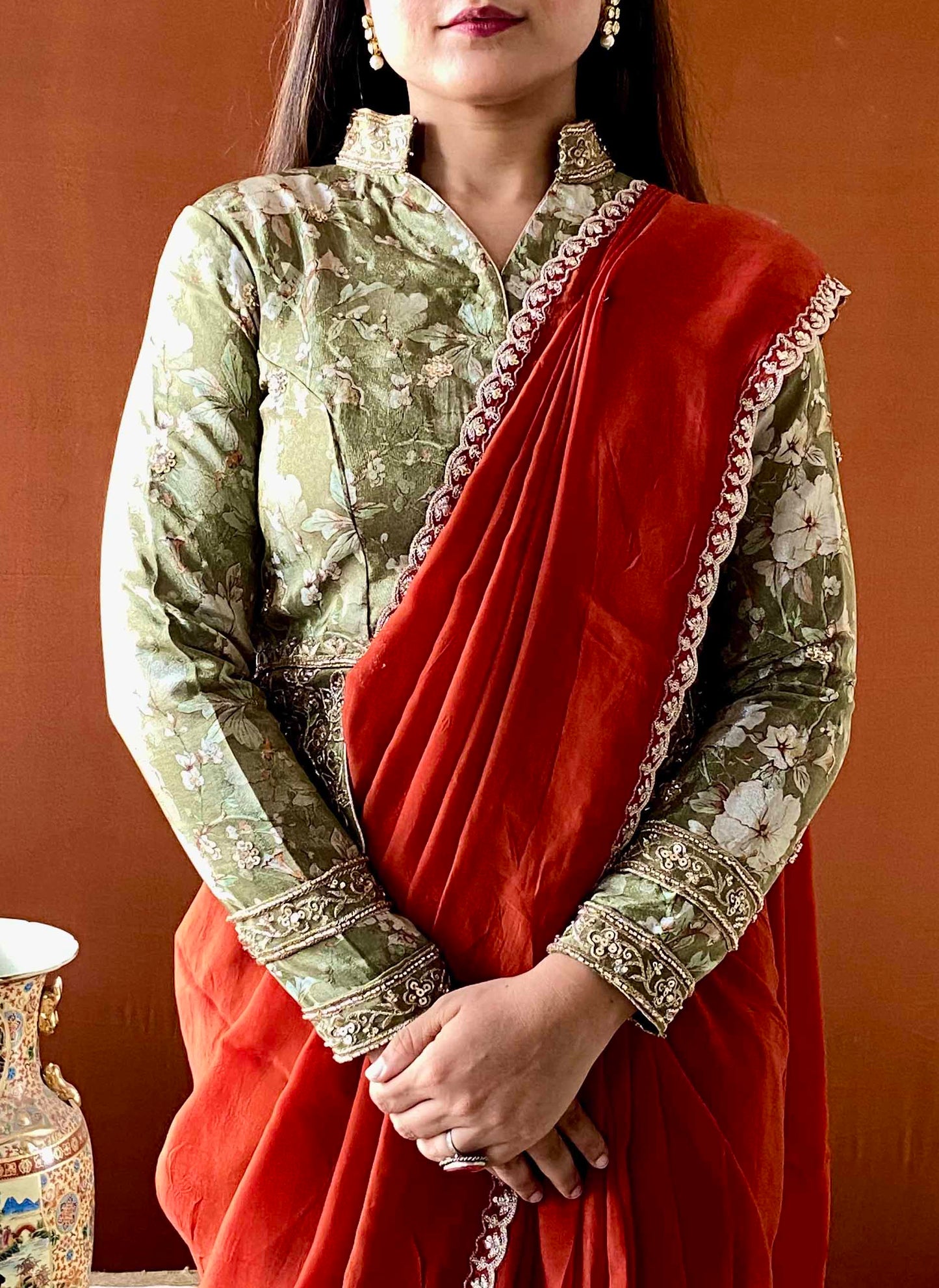 Ruh - Rust Brown Georgette Organza Saree with Green Floral Unstitched Blouse