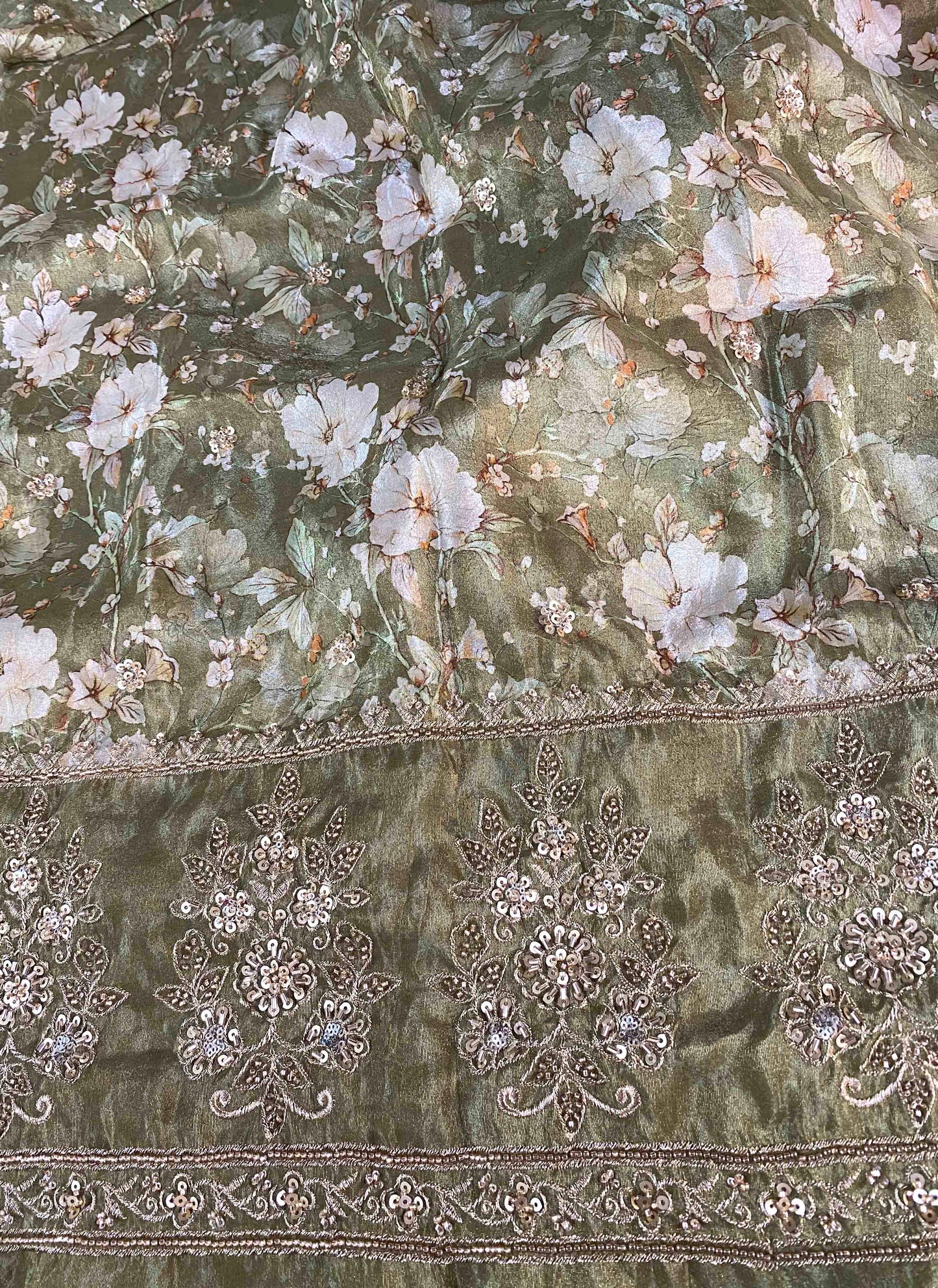 Ruh - Rust Brown Georgette Organza Saree with Green Floral Unstitched Blouse