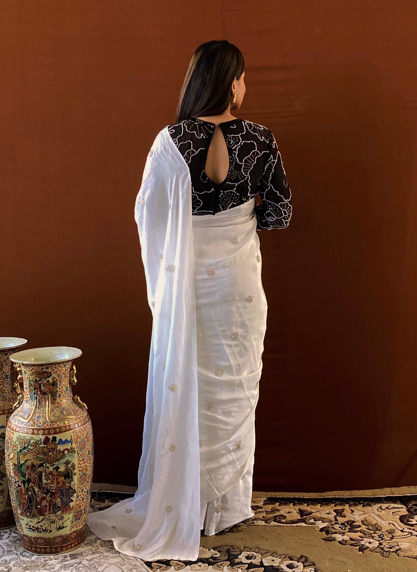Husn - White Chinon Crepe Handwork Saree with Black Blouse