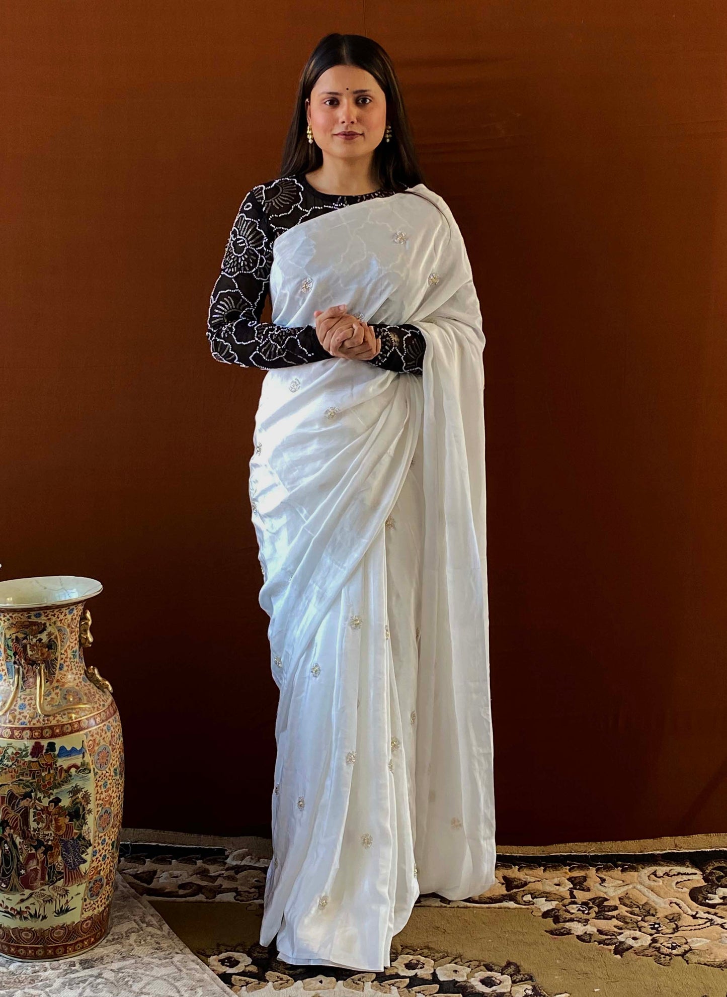 Husn - White Chinon Crepe Handwork Saree with Black Blouse