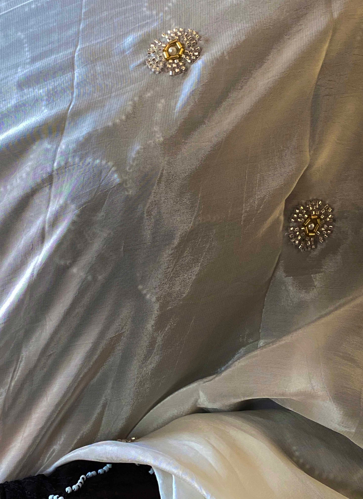 Husn - White Chinon Crepe Handwork Saree with Black Blouse