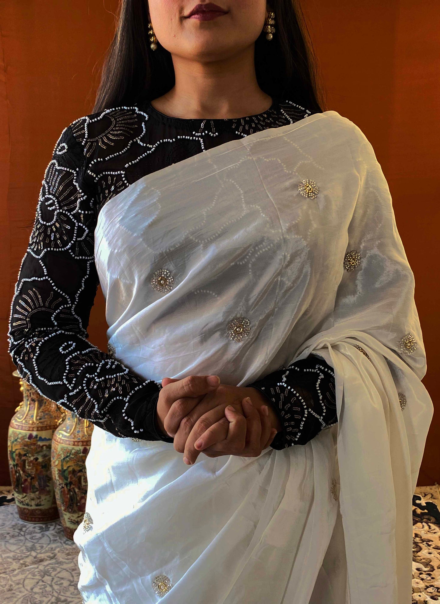 Husn - White Chinon Crepe Handwork Saree with Black Blouse