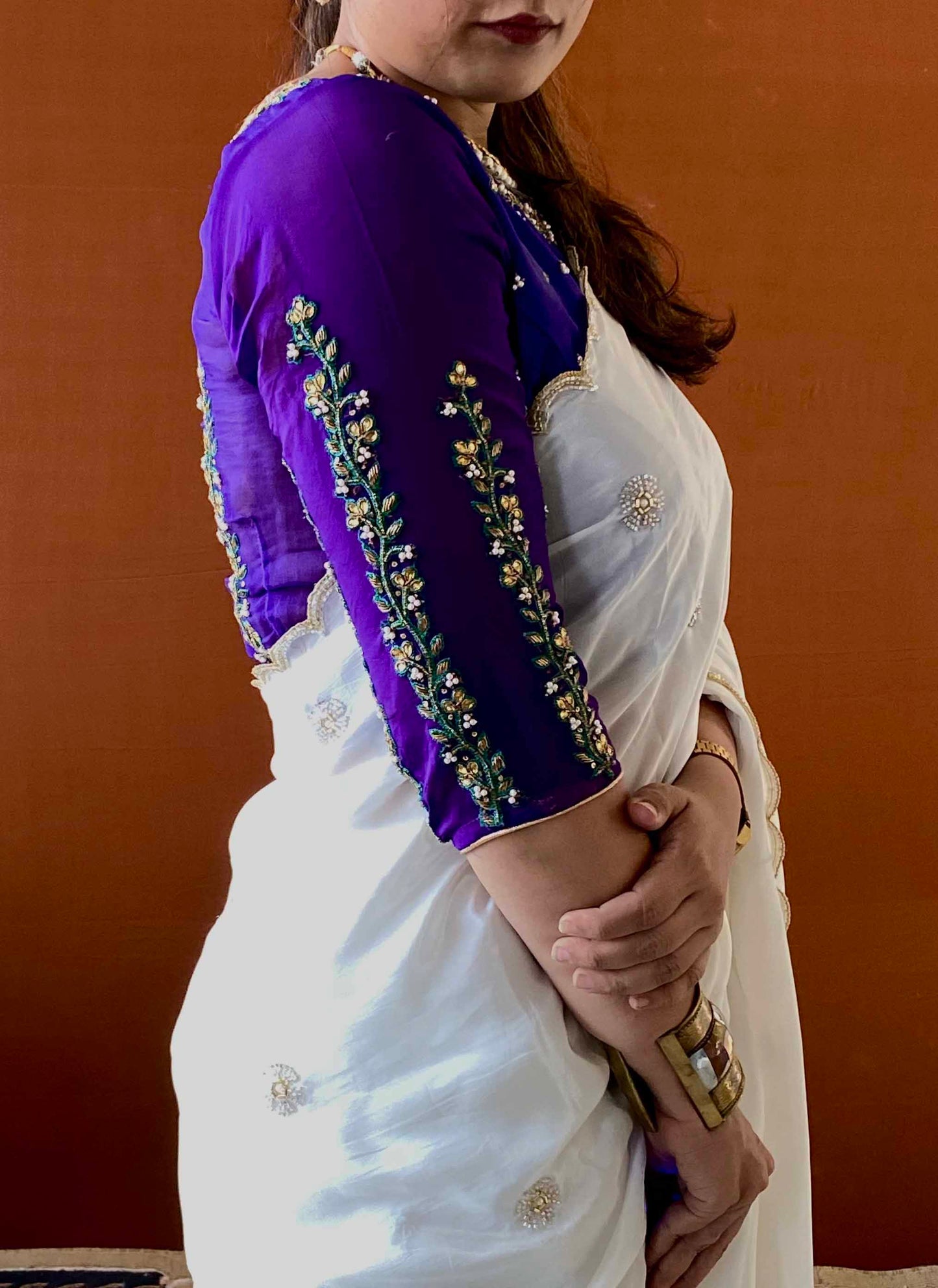 Ruh - White Cutdana Embroidered Chinon Crepe Saree with Blue Handwork Unstitched Blouse