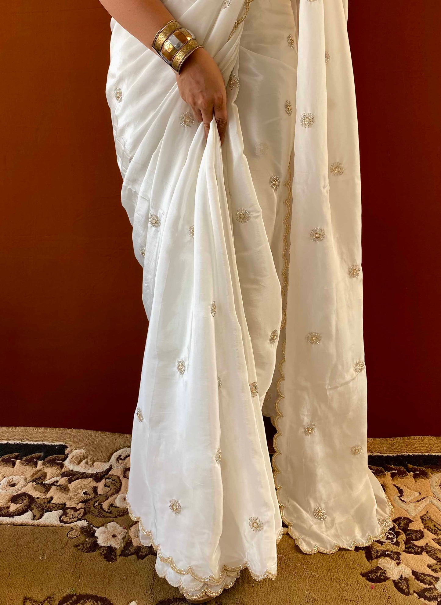 Ruh - White Cutdana Embroidered Chinon Crepe Saree with Blue Handwork Unstitched Blouse