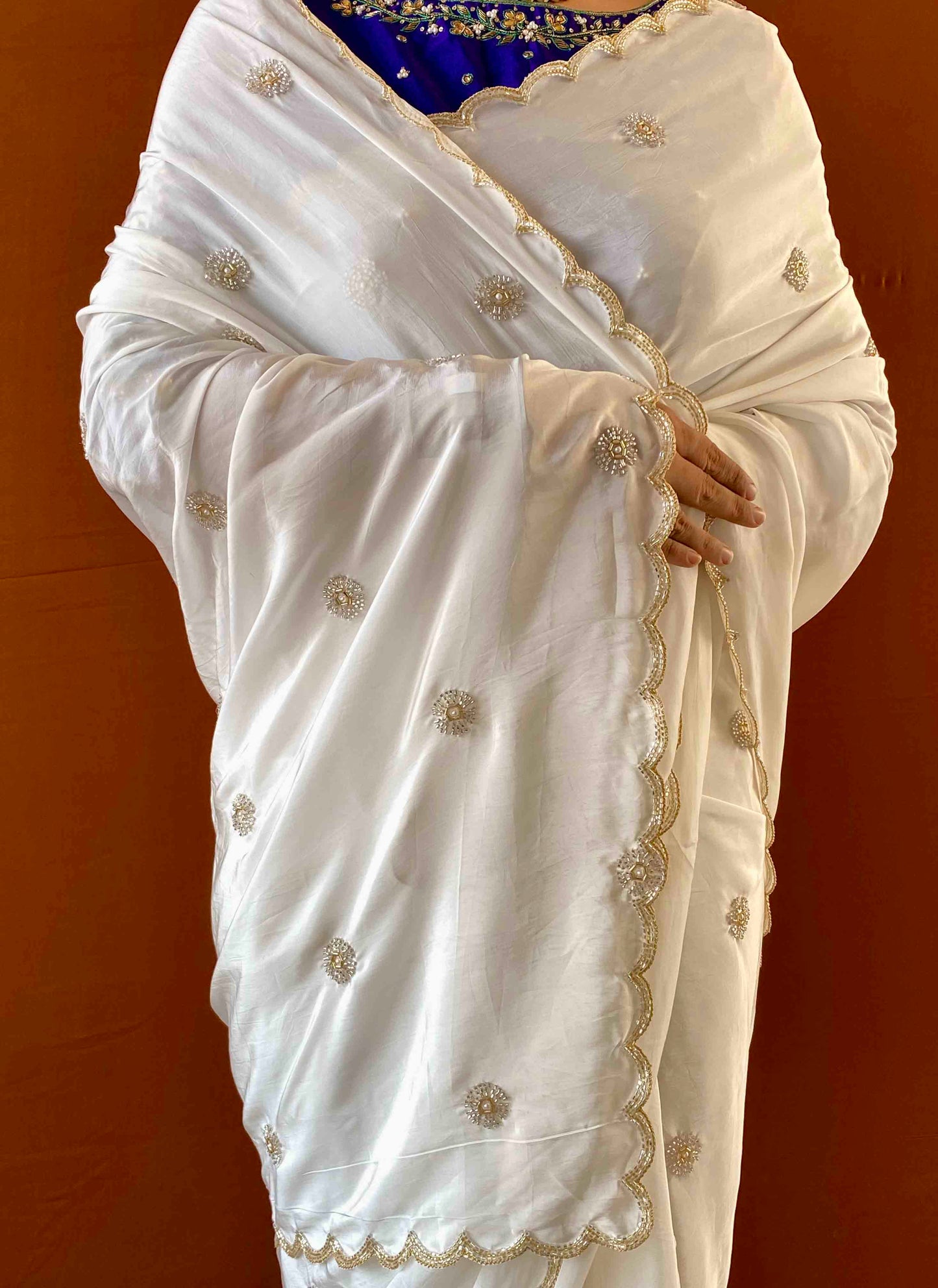 Ruh - White Cutdana Embroidered Chinon Crepe Saree with Blue Handwork Unstitched Blouse