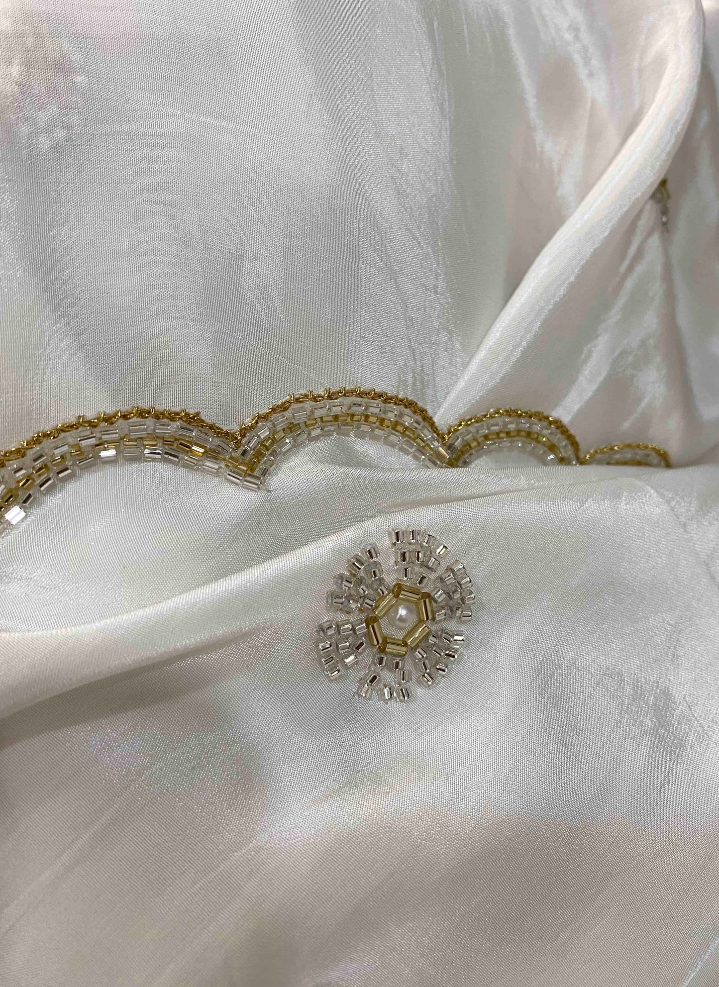 Ruh - White Cutdana Embroidered Chinon Crepe Saree with Blue Handwork Unstitched Blouse