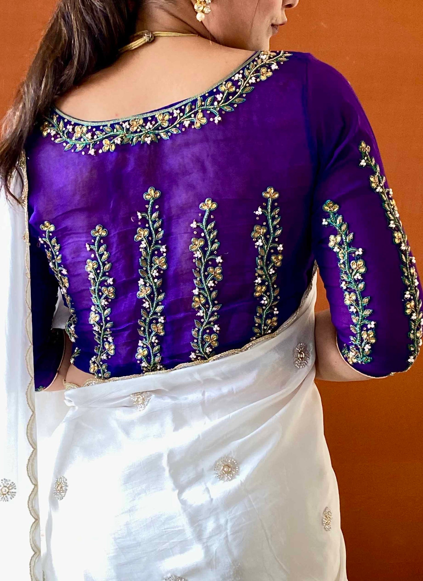 Ruh - White Cutdana Embroidered Chinon Crepe Saree with Blue Handwork Unstitched Blouse