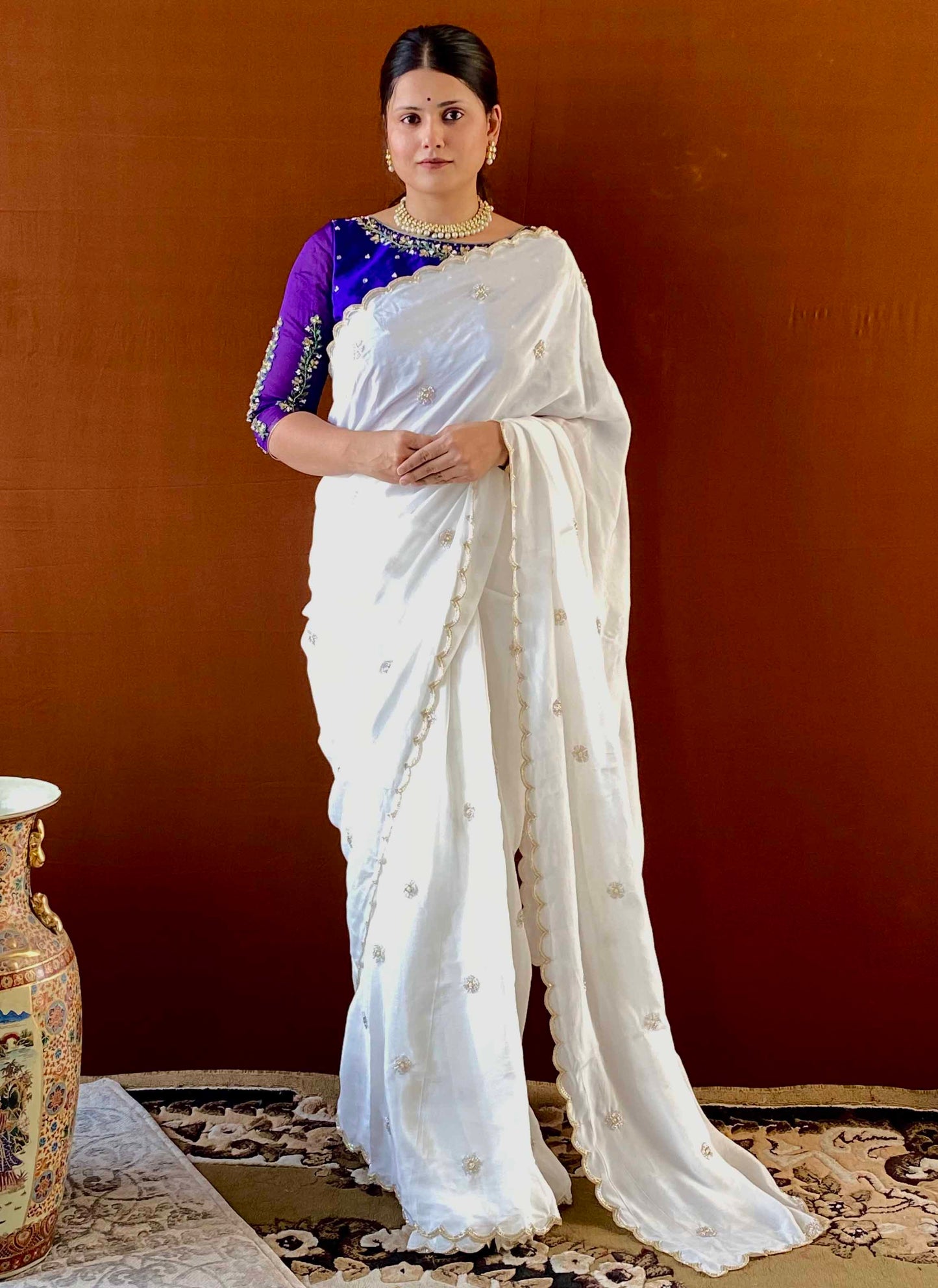 Ruh - White Cutdana Embroidered Chinon Crepe Saree with Blue Handwork Unstitched Blouse
