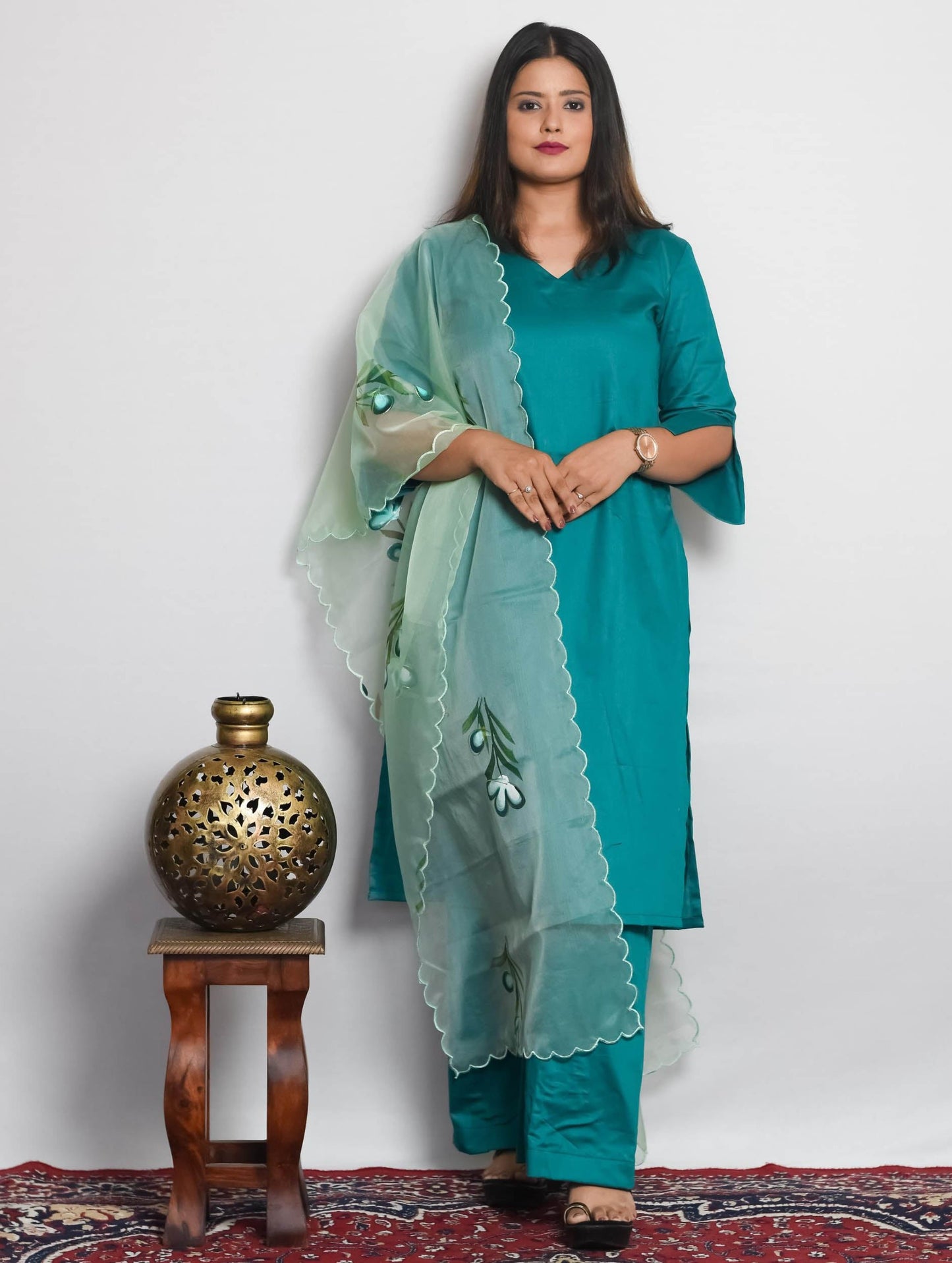 Green Cotton Silk Kurti Set with Light Green Handpainted Dupatta