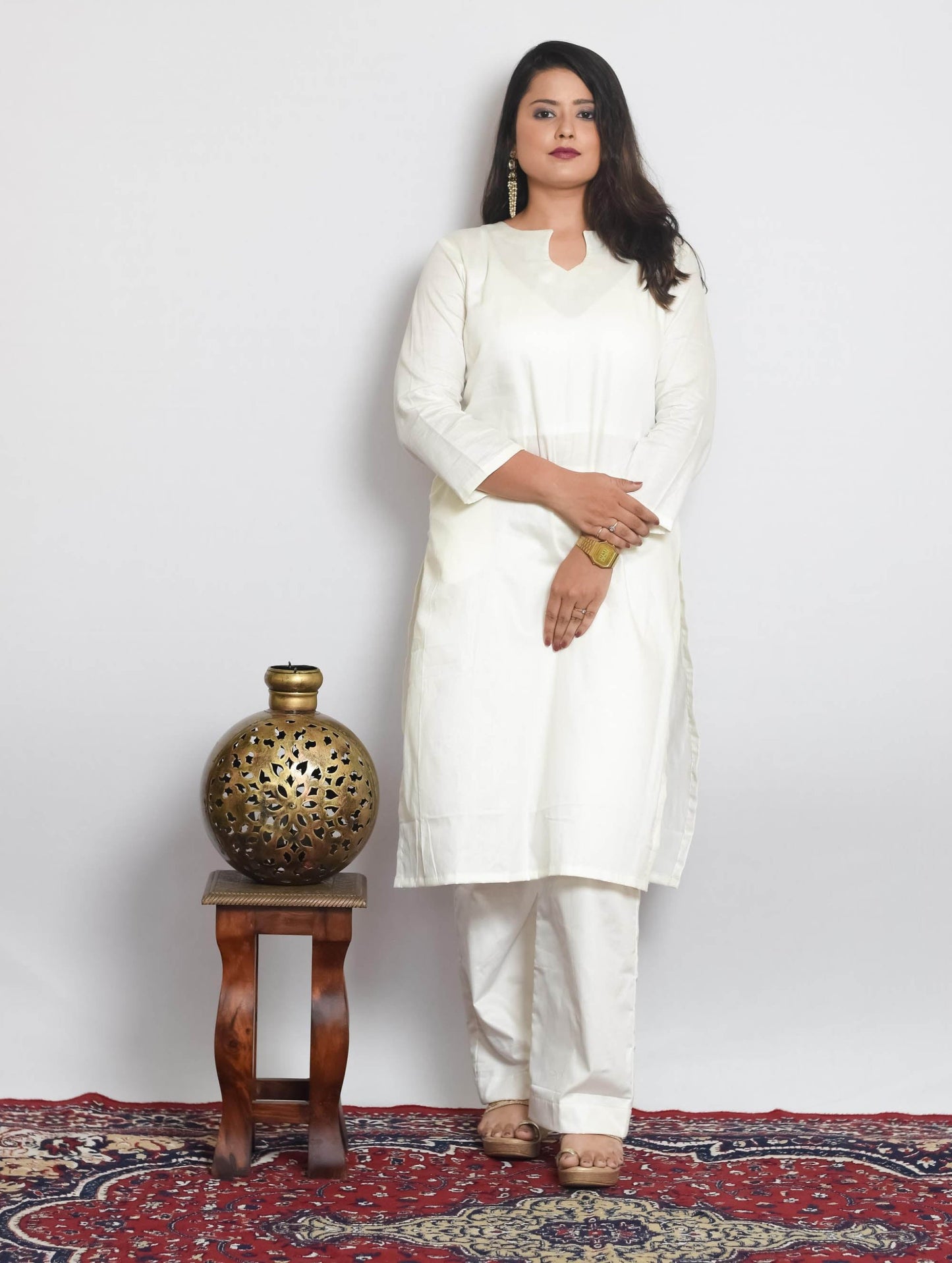 White Cotton Silk Kurti Set