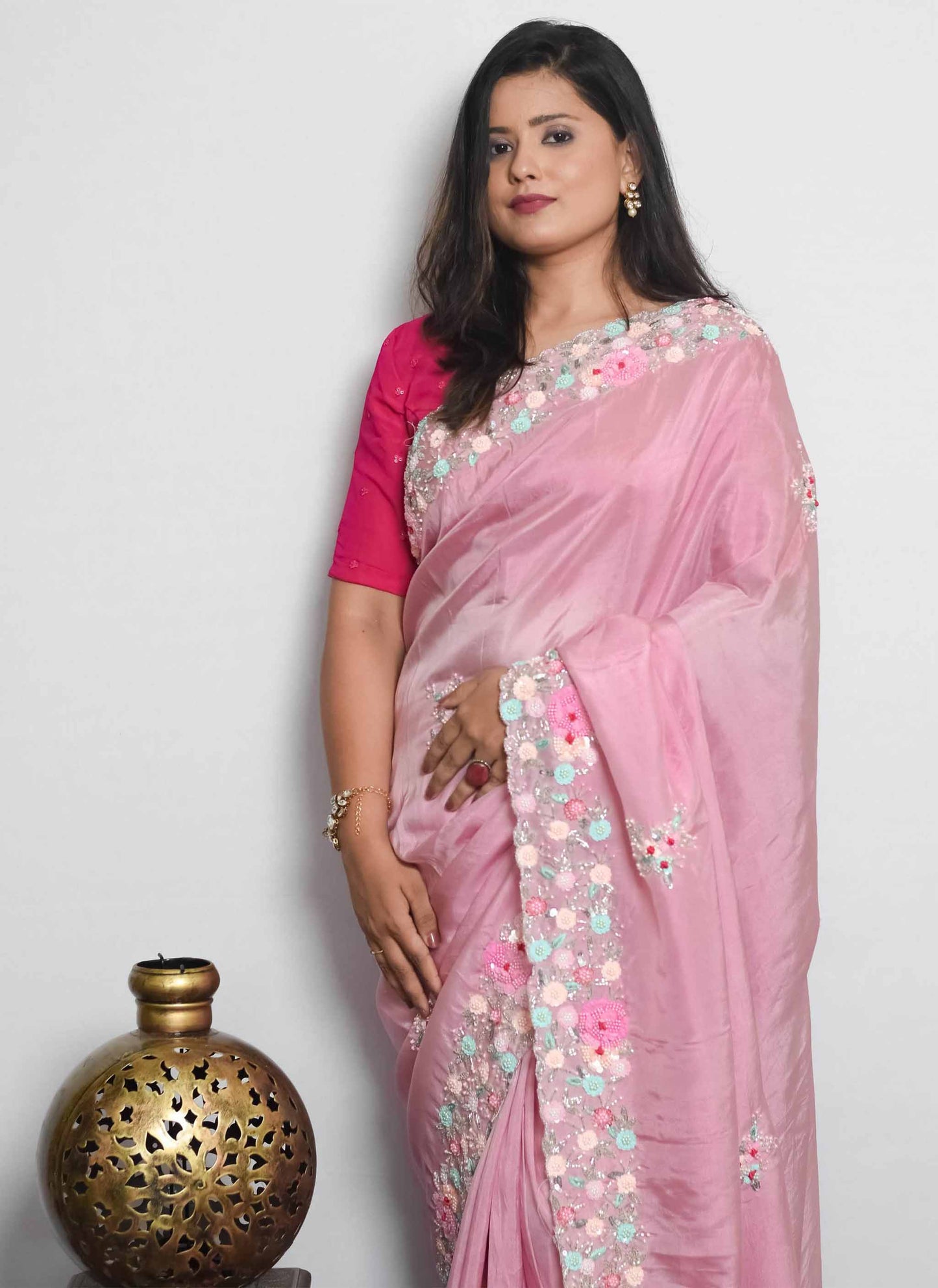 Pink Pearl Sequin Handwork Saree