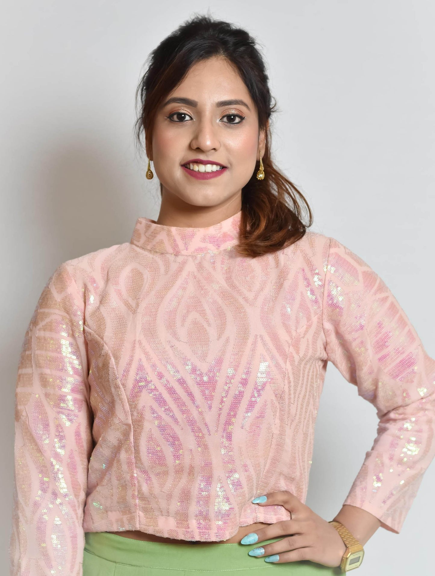 Pink Sequin Georgette Blouse