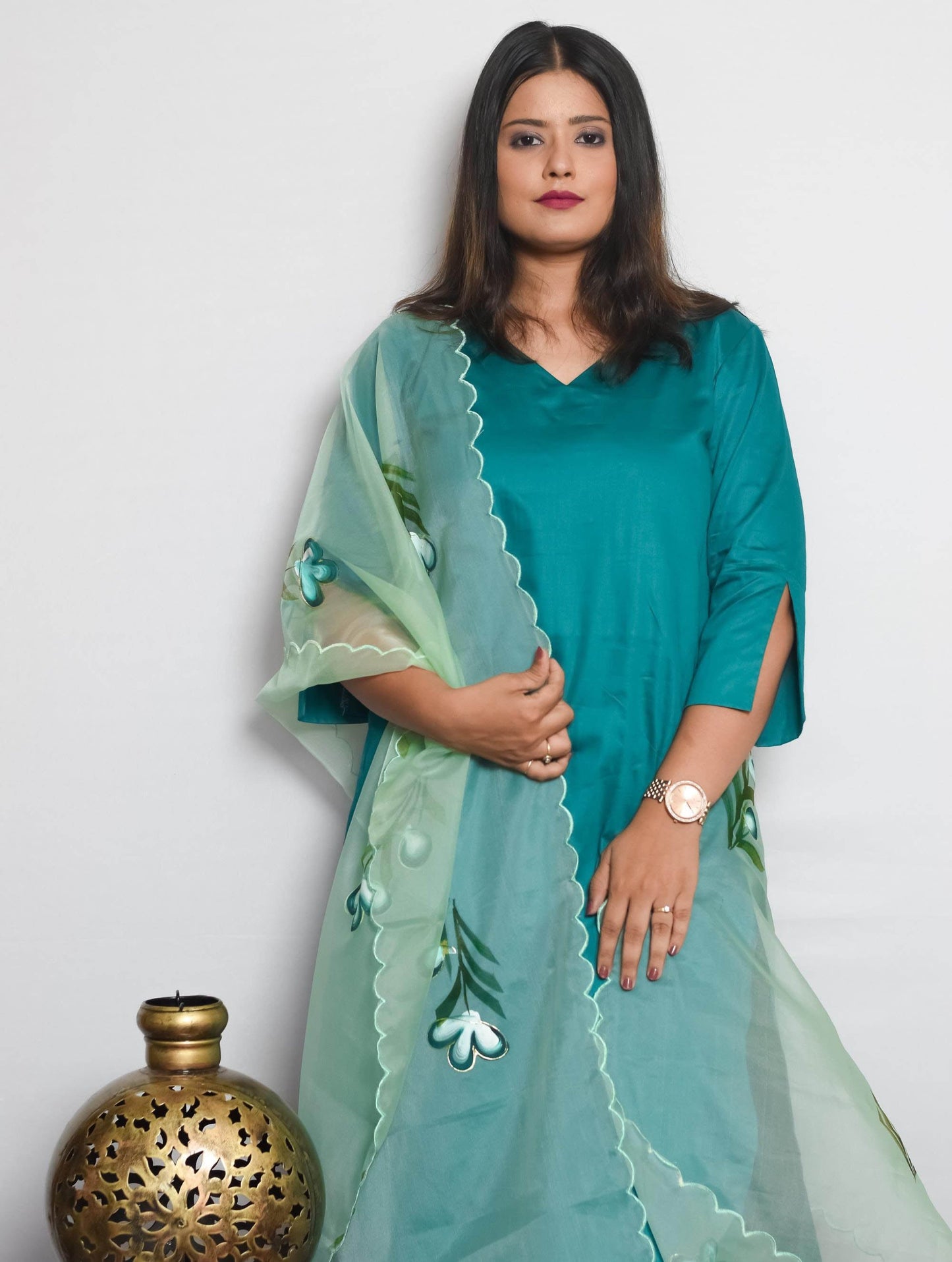 Green Cotton Silk Kurti Set with Light Green Handpainted Dupatta