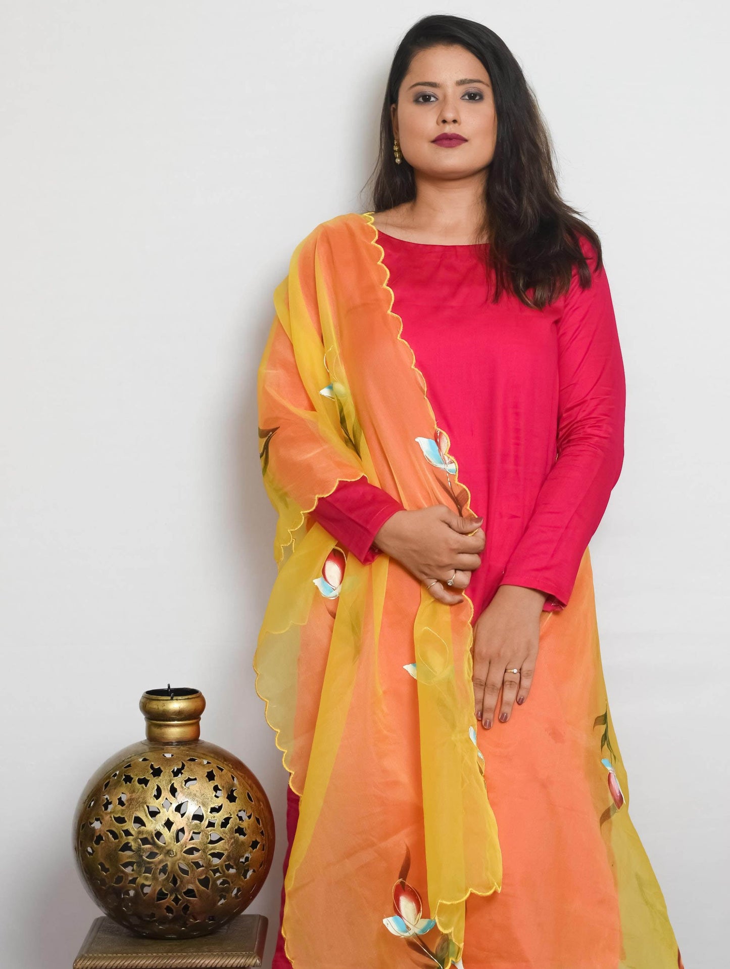 Pink Cotton Silk Kurti Set with Yellow Handpainted Dupatta