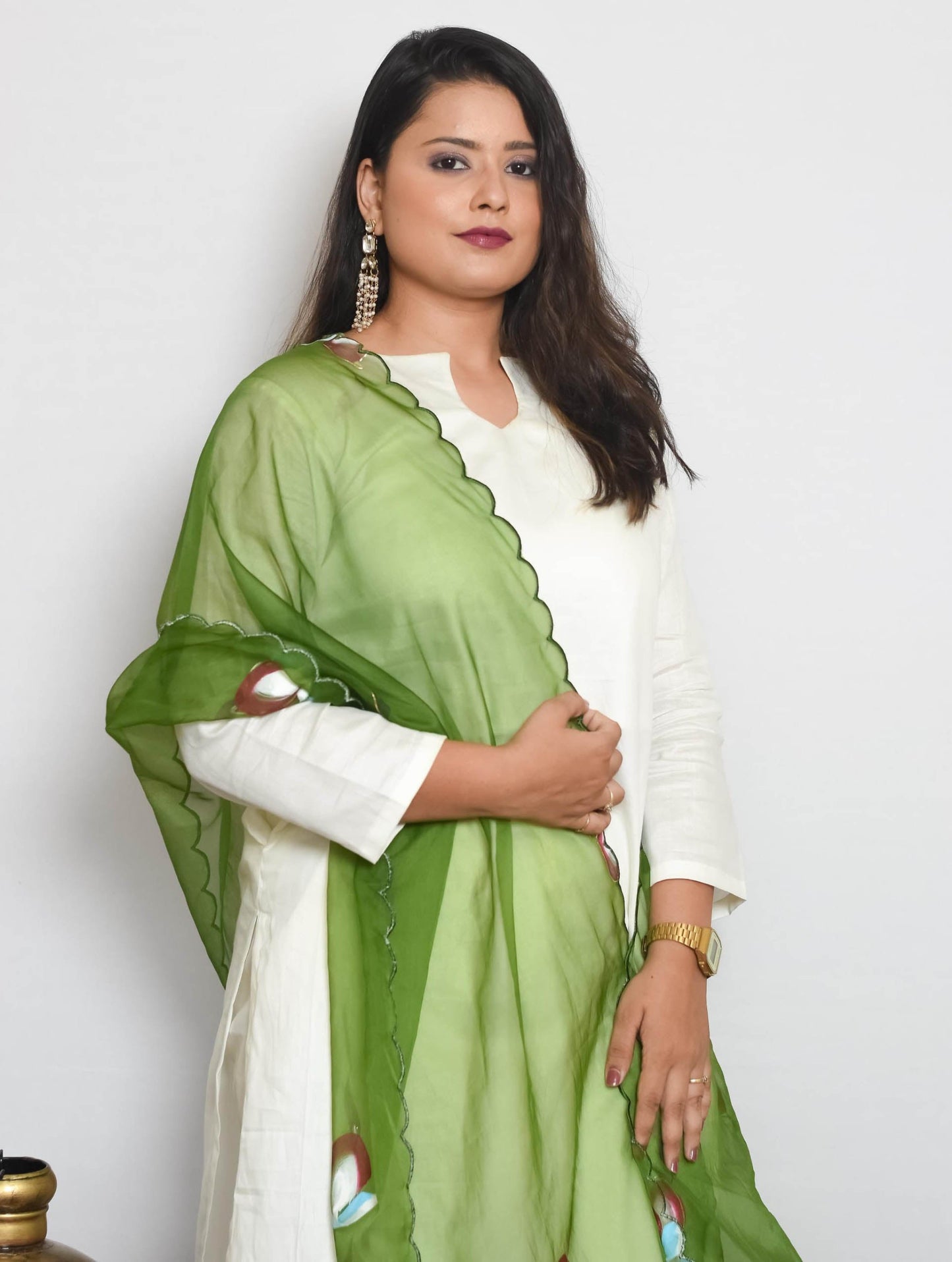White Cotton Silk Kurti Set with Green Handpainted Dupatta