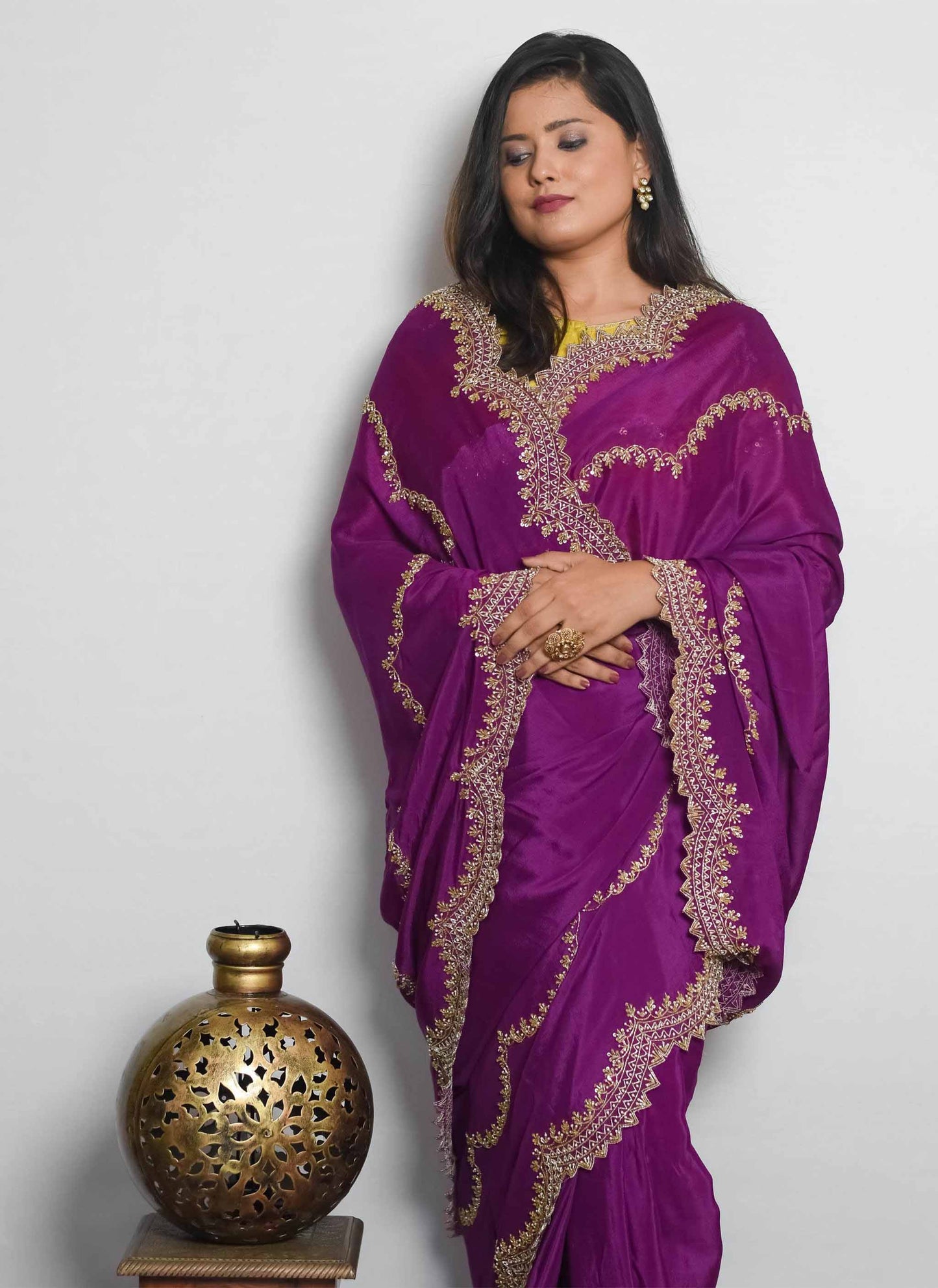 Wine Moti Sequin Handwork Saree