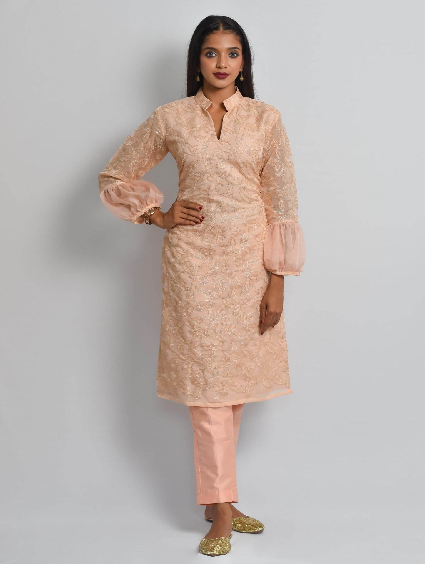 Peach Sequin Organza Kurti