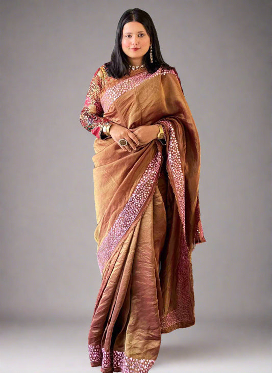 A woman wearing Brown Mirror Work Saree