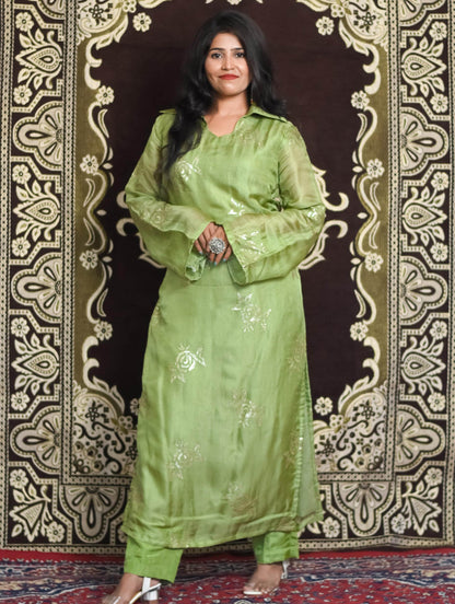 Green Jute Party Wear Kurti Set