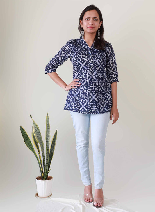 Blue A-Line Cotton Short Top