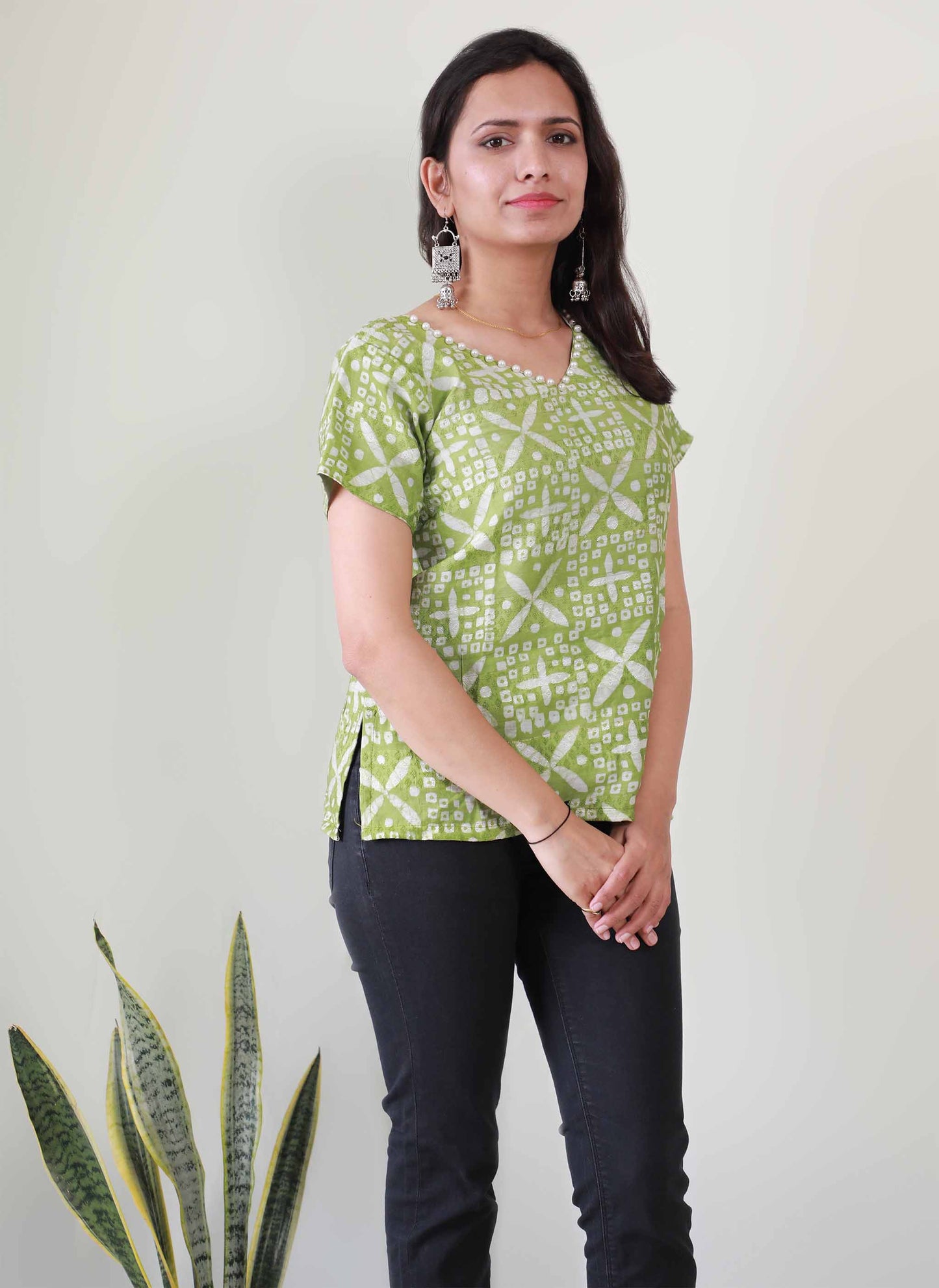 Green Jacquard Cotton Short Top