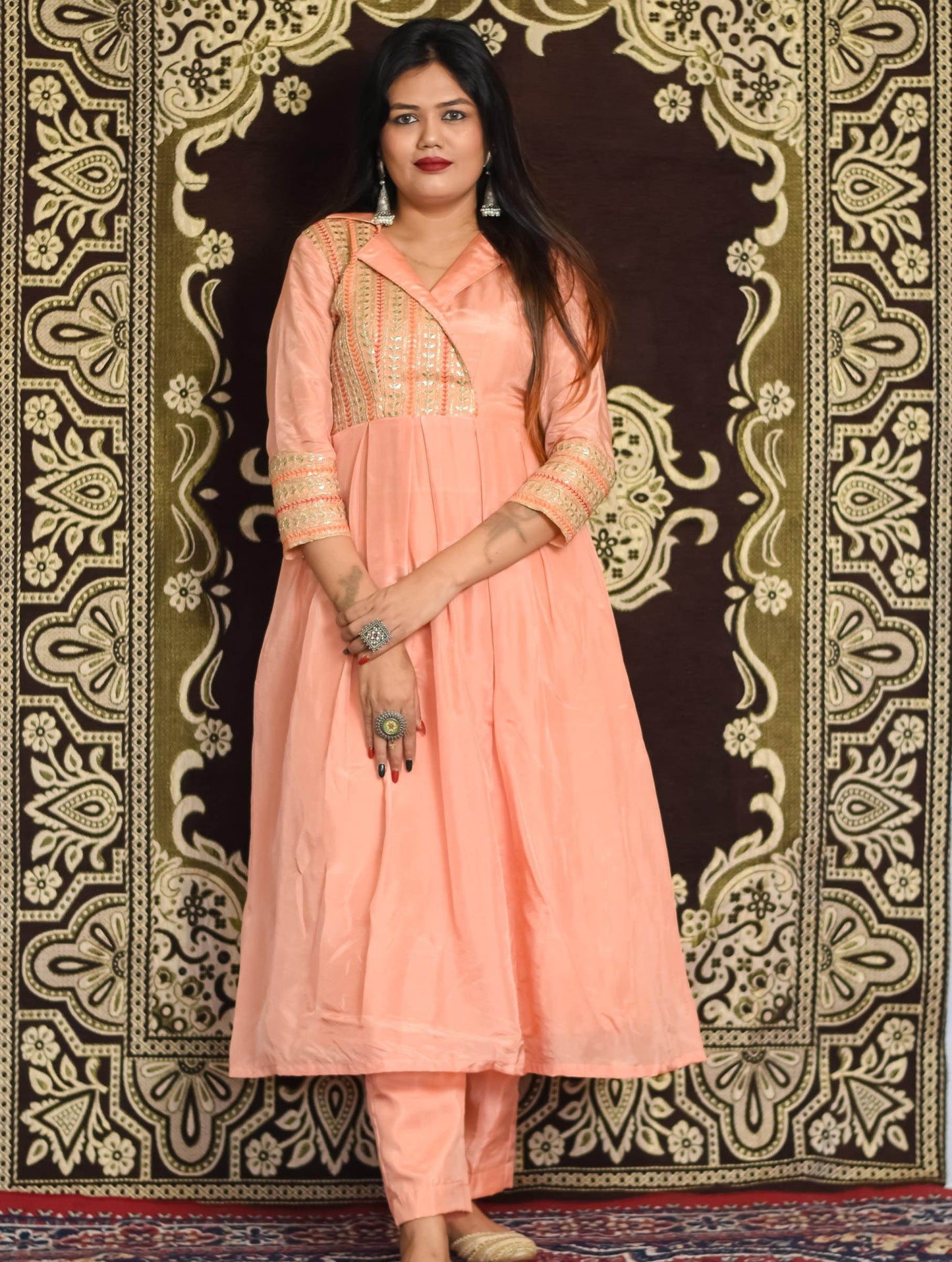 Peach Gota Upada Silk Anarkali Set