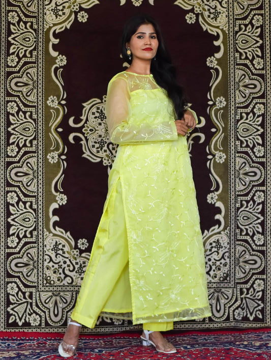 Yellow Organza Kurti Set