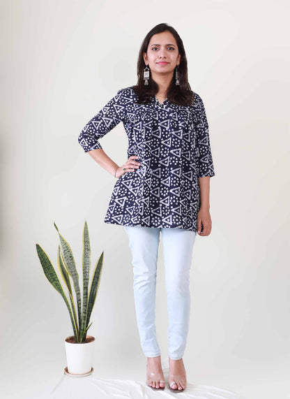 Blue Gathered Cotton Short Top