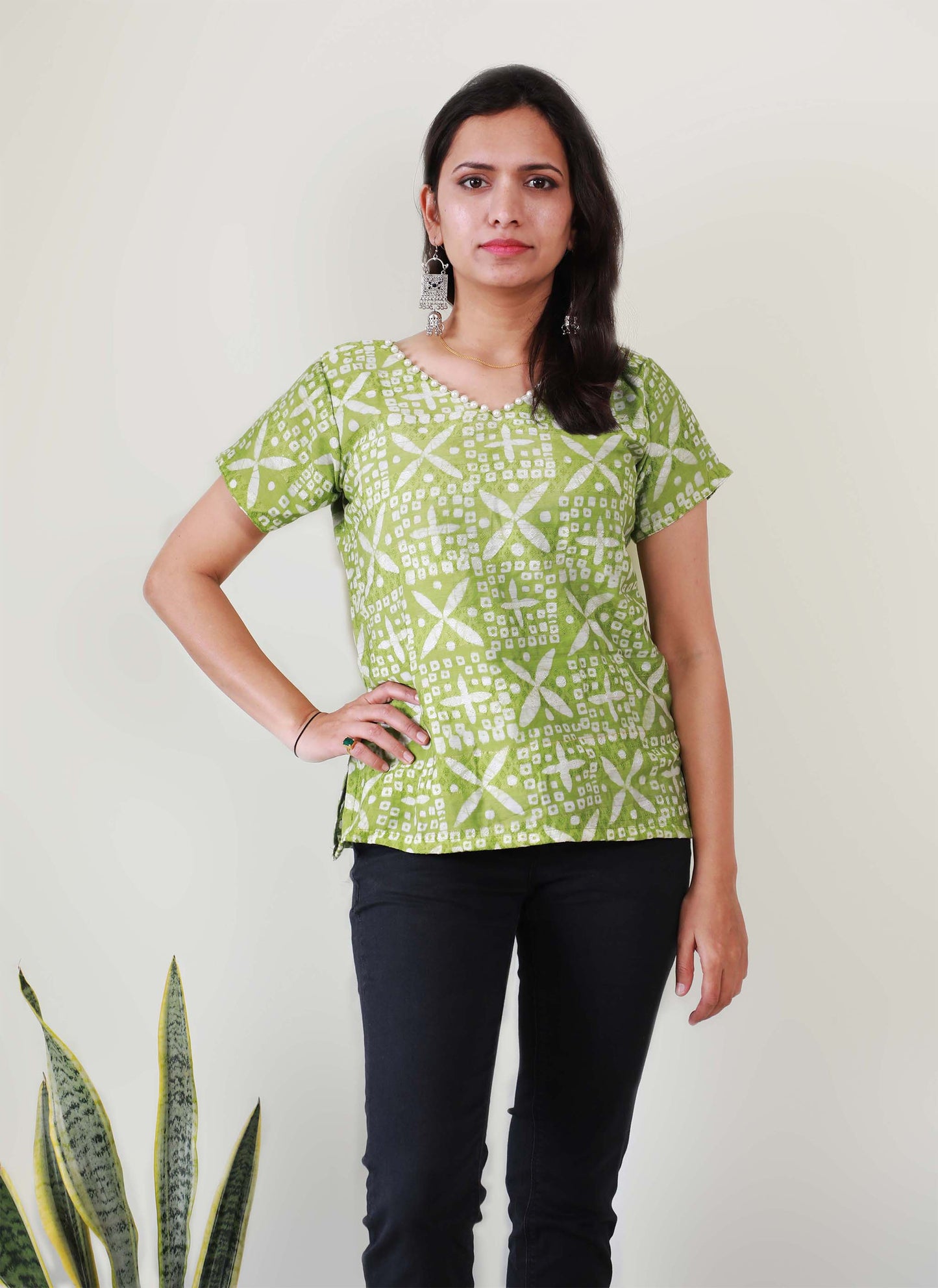 Green Jacquard Cotton Short Top