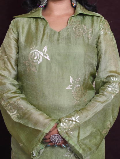 Green Jute Party Wear Kurti Set