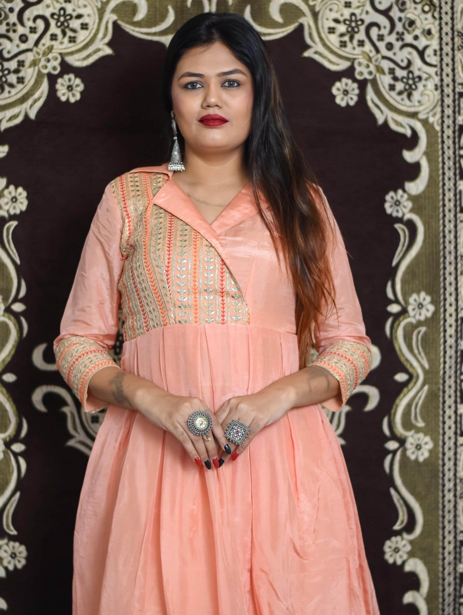 Peach Gota Upada Silk Anarkali Set